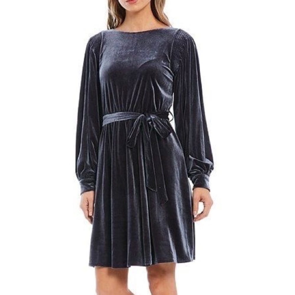 Calvin Klein Velvet Long Sleeve Belted Dress in Charcoal